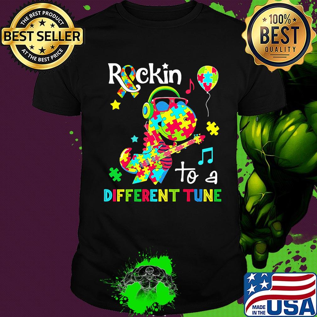 Dinosaur T Rex Rockin to a different tune Autism awareness shirt