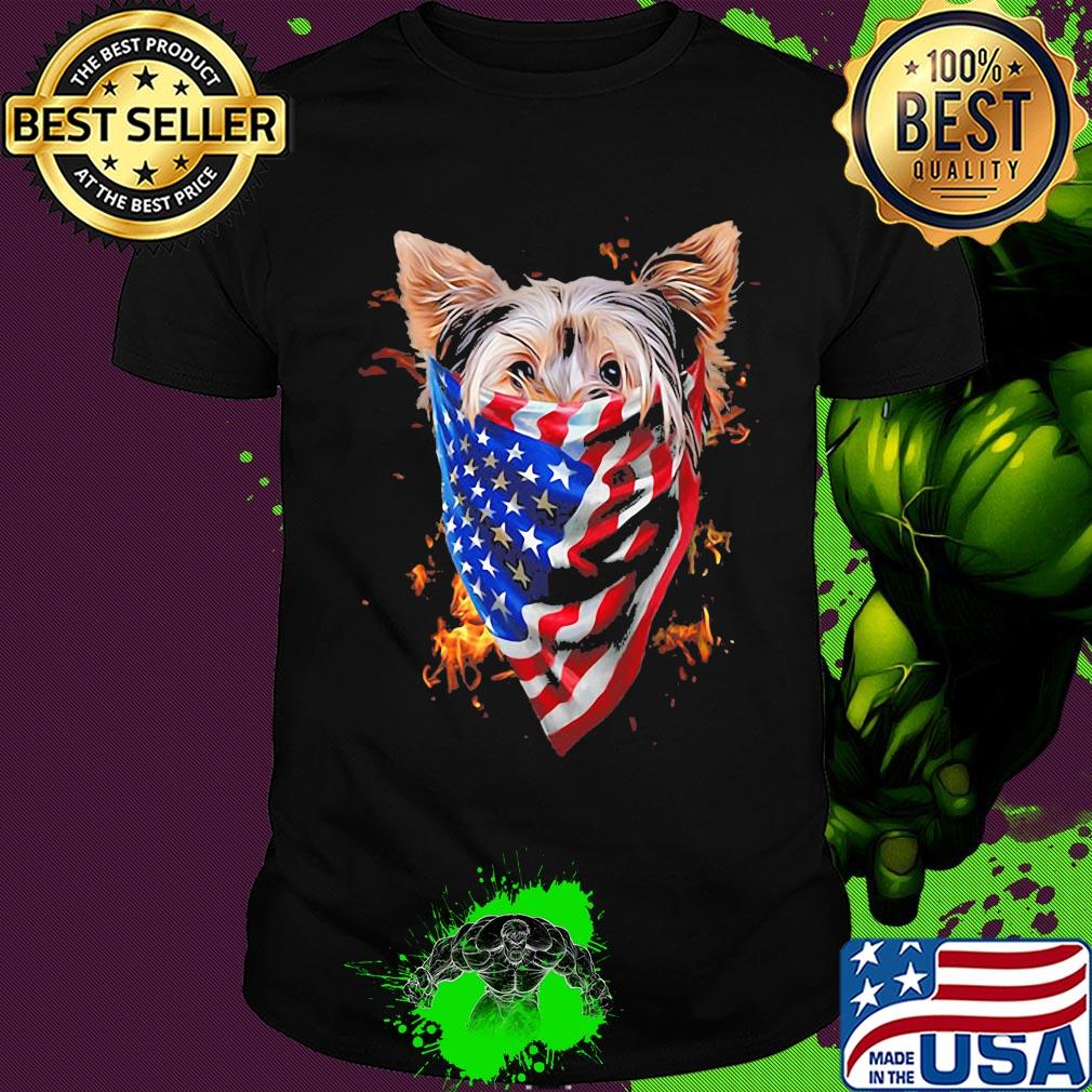 Yorkshire terrier fire in sight american flag shirt