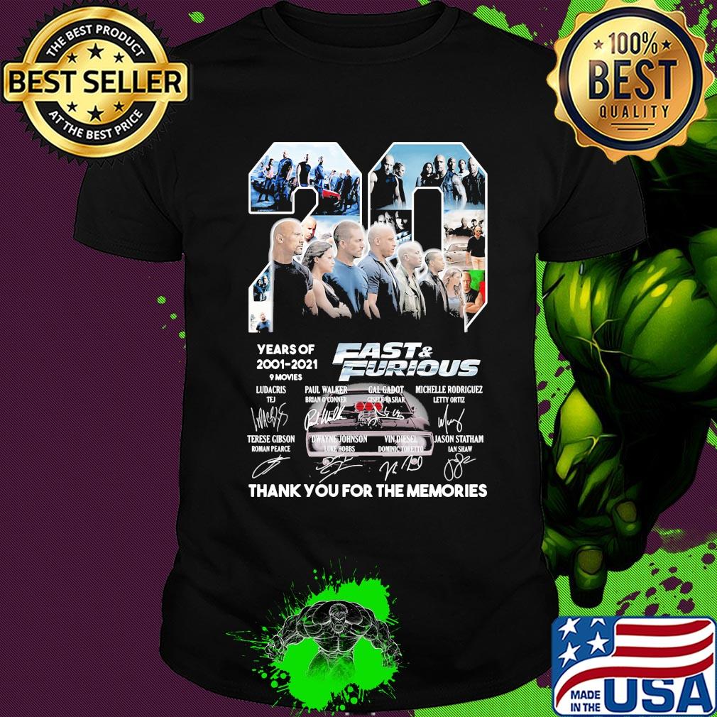 20 years of 2001 2021 9 movies fast and furious thank you for the memories signatures shirt