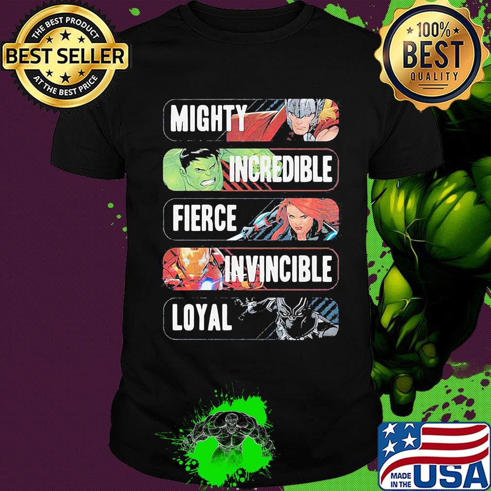 Avenger adjectives marvel comics mighty incredible fierce invincible loyal shirt