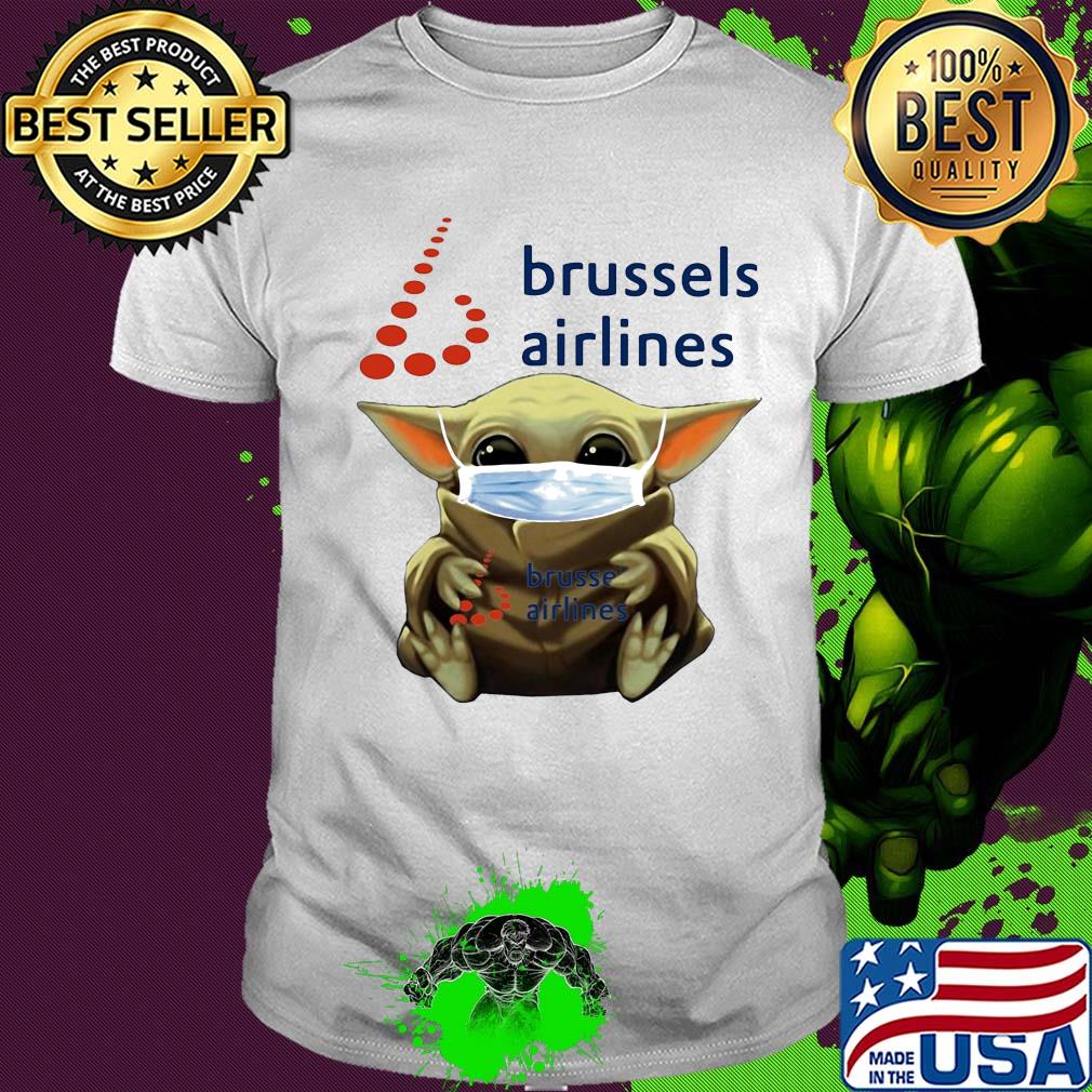 Baby Yoda face mask hug Brussels Airlines shirt