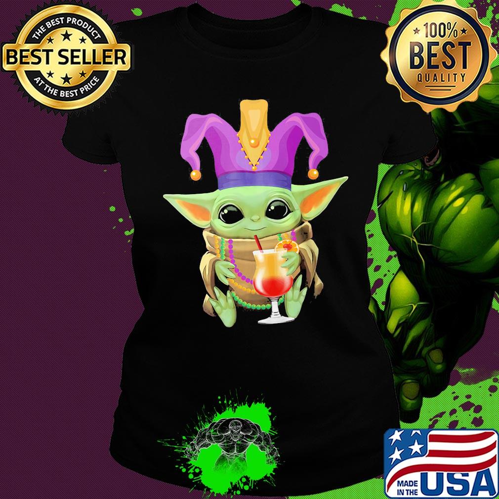 Baby Yoda Mardi Gras drink orange Juice s Ladies tee Baby Yoda Mardi Gras drink orange Juice s Ladies tee