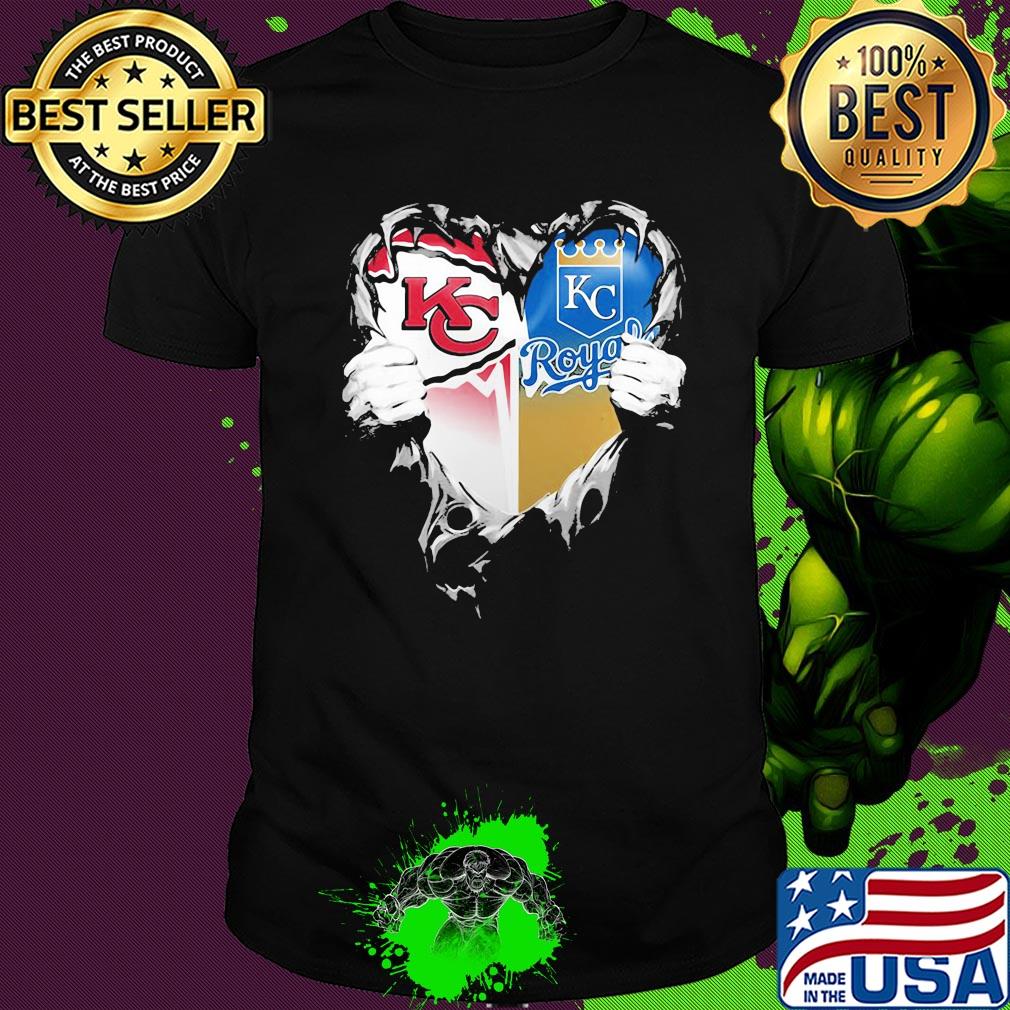 Blood inside kansas city chiefs and kansas city royals heart shirt