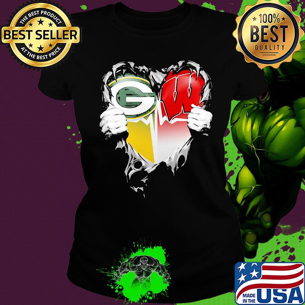 Blood insides green bay packers and wisconsin badgers heart heartbeat s Ladies tee Blood insides green bay packers and wisconsin badgers heart heartbeat s Ladies tee