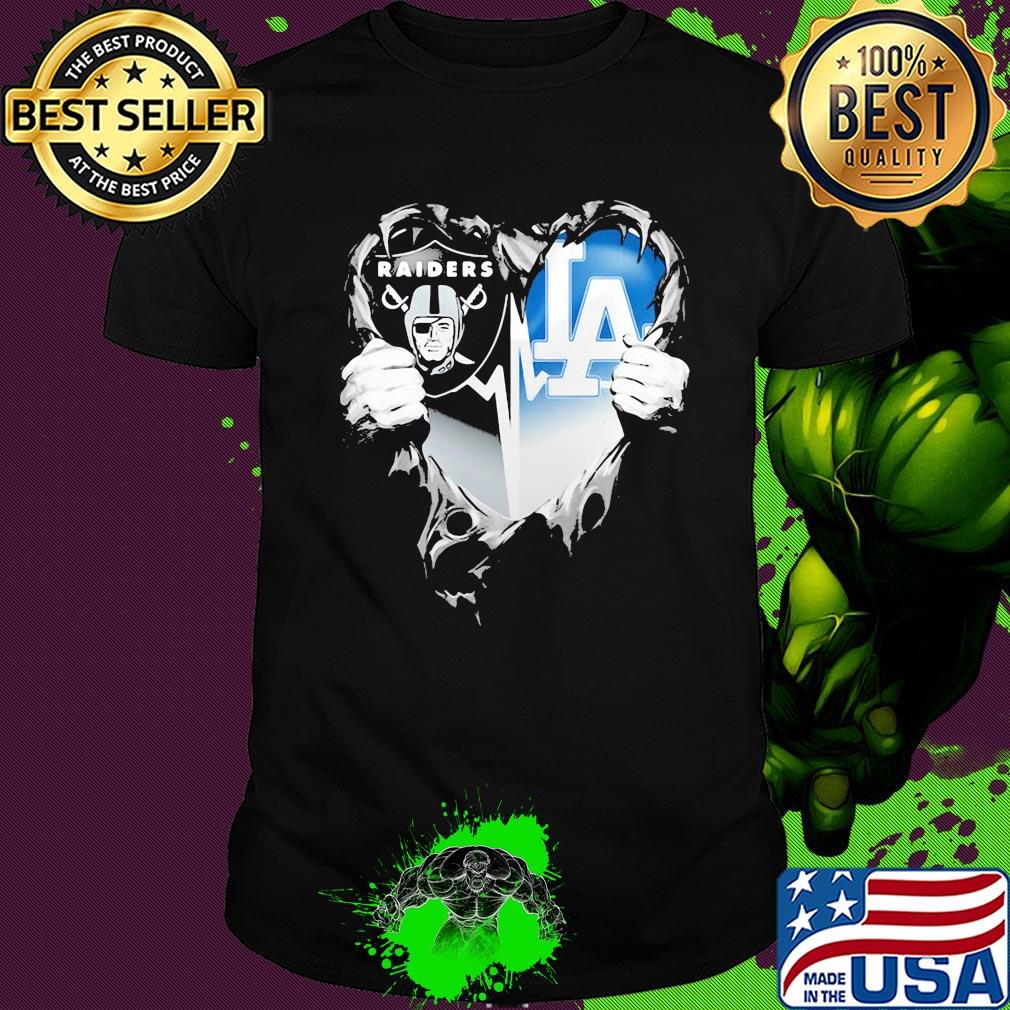 Blood insides oakland raiders and los angeles dodgers heart shirt
