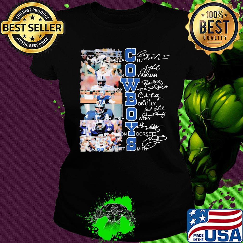 Cowboys Roger Staubach Troy aikman Randy White signature s Ladies tee Cowboys Roger Staubach Troy aikman Randy White signature s Ladies tee