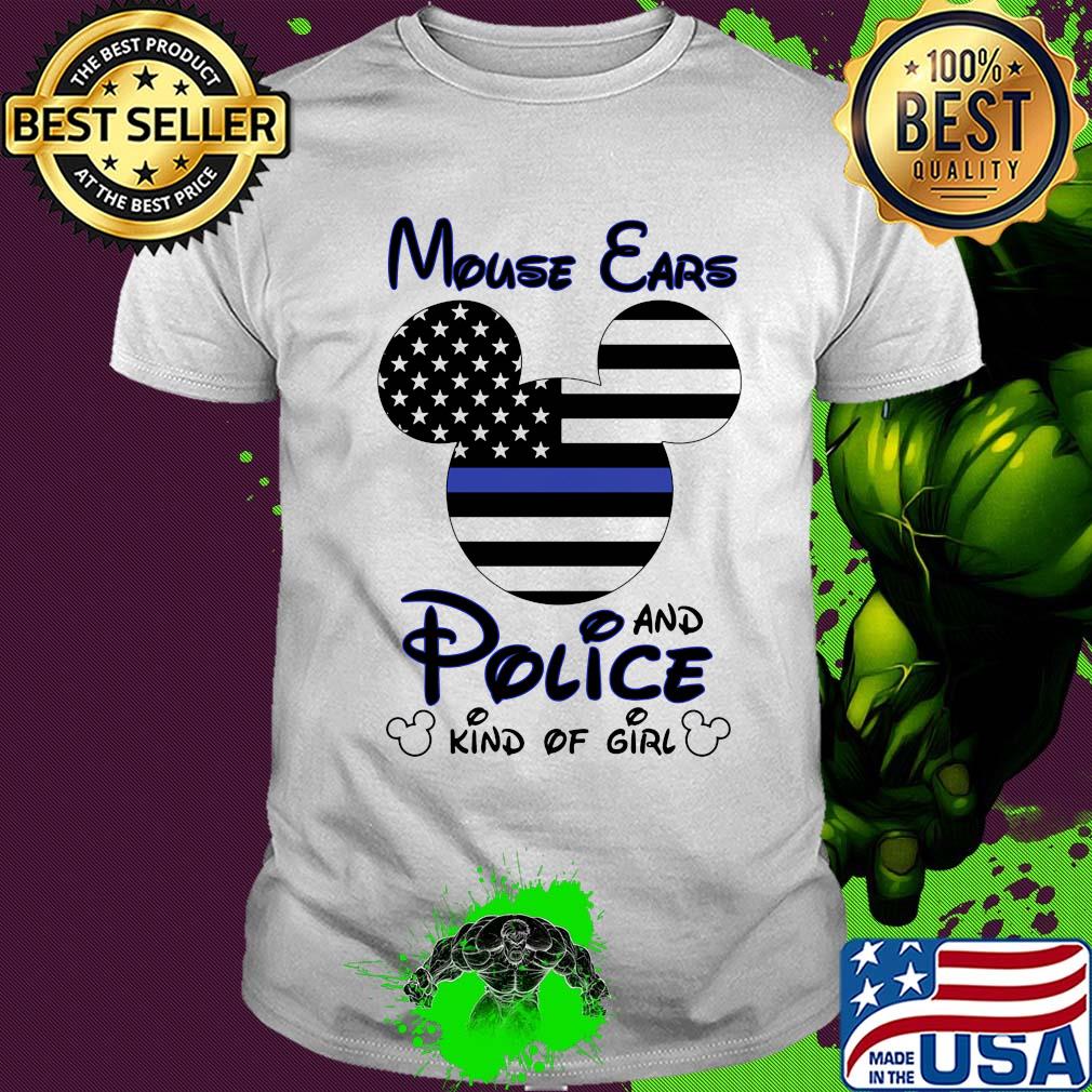 Mickey mouse ears and police kind of girl Blue Ribbon USA Flag shirt
