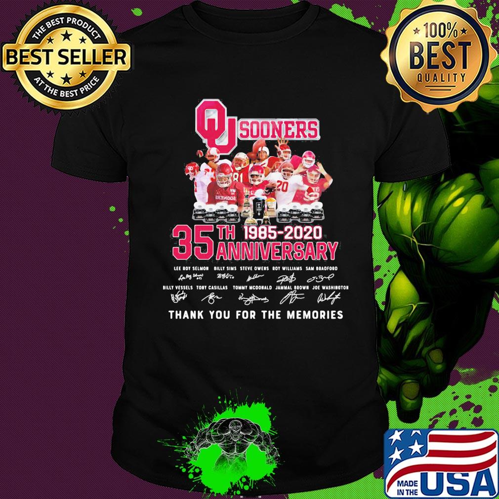 Oklahoma sooners 35th anniversary 1885 2020 thank you for the memories signatures shirt
