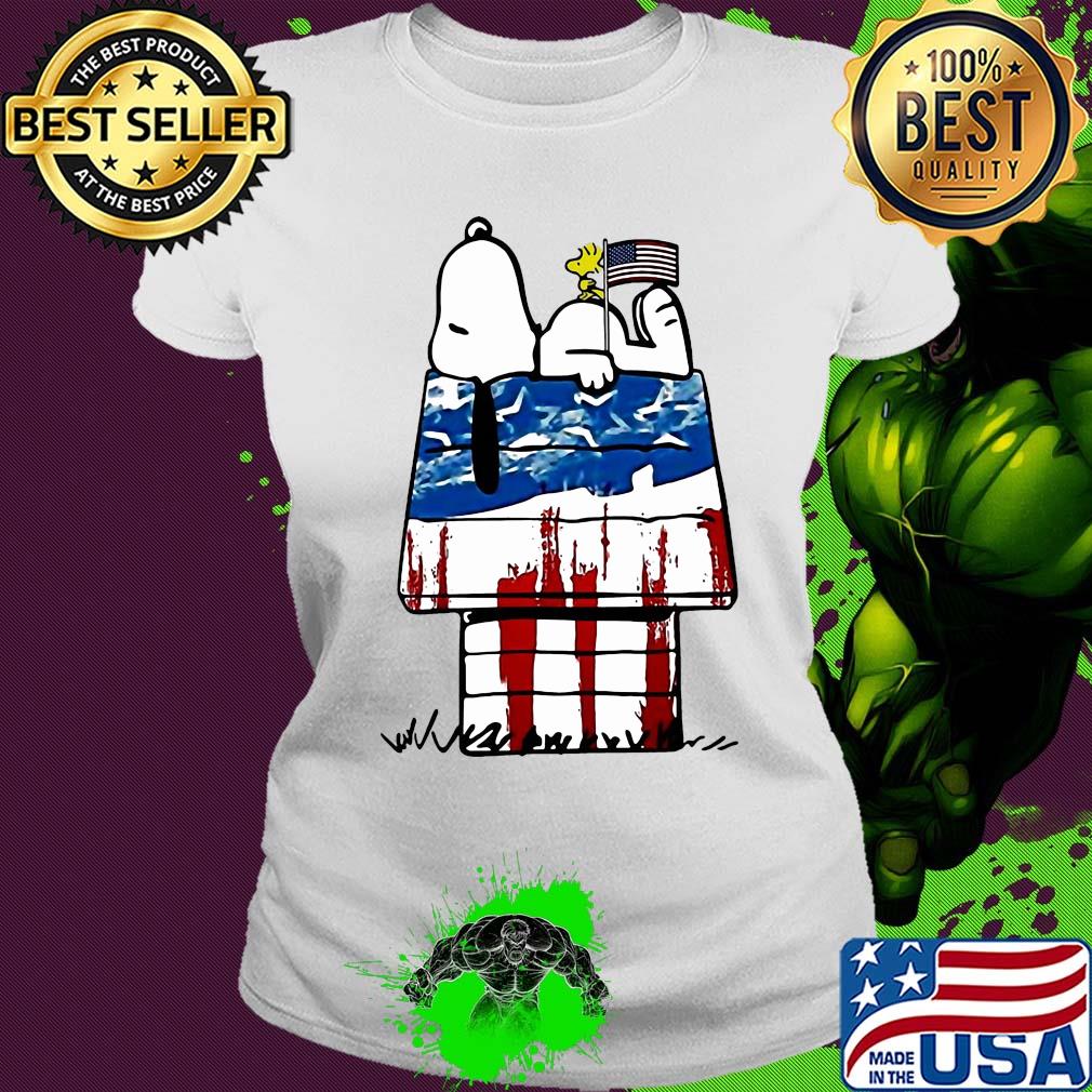 Snoopy and woodstock sleeping house american flag independence day s Ladies tee Snoopy and woodstock sleeping house american flag independence day s Ladies tee