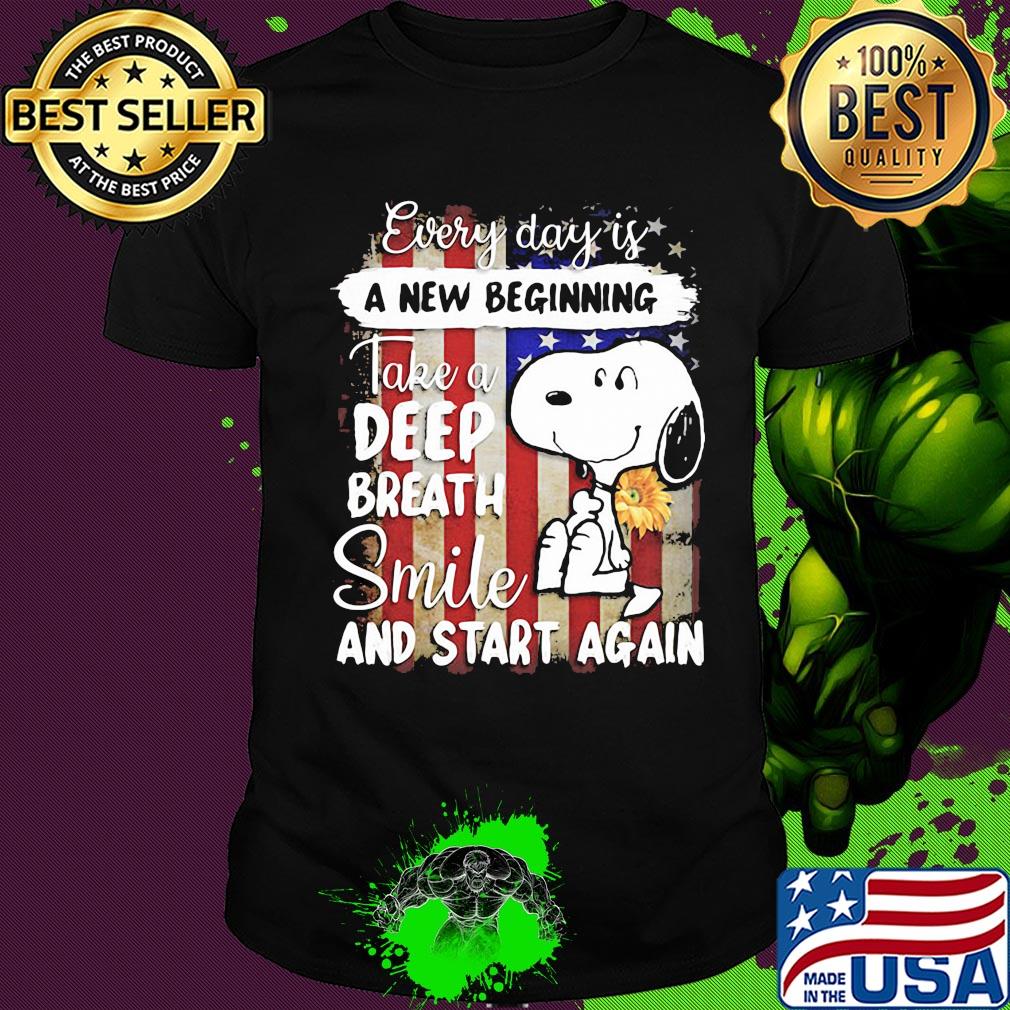 Snoopy every day is a new beginning take a deep breath smile and start again sunflowers american flag independence day shirt