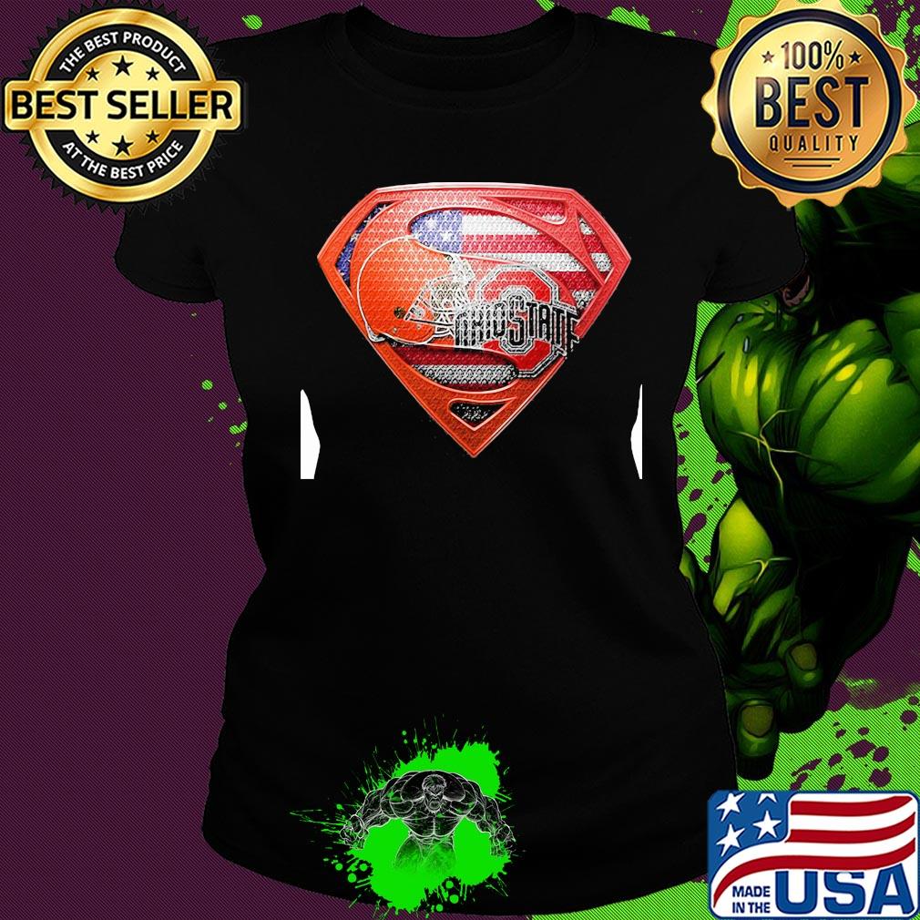 Superman cleveland browns and cleveland indians american flag independence day s Ladies tee Superman cleveland browns and cleveland indians american flag independence day s Ladies tee