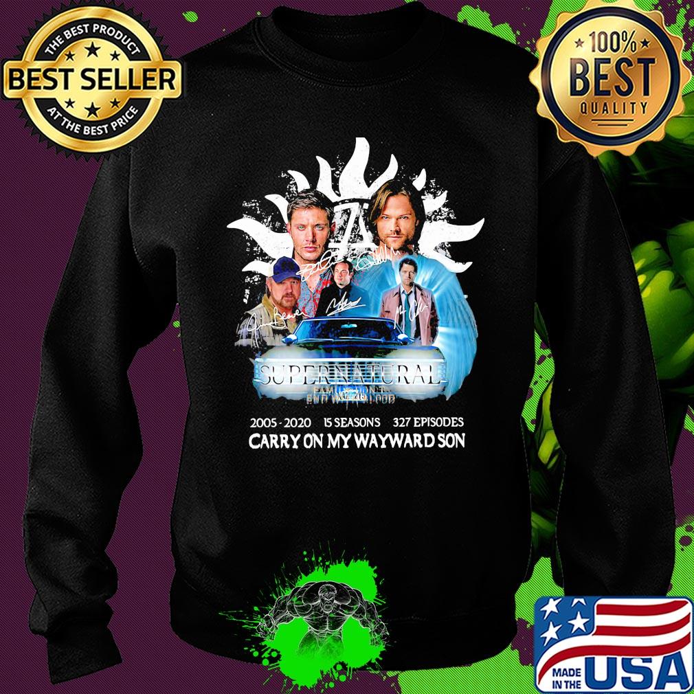 Supernatural family don't end with blood 2005 2020 15 seasons 327 episodes carryon my wayward son characters signatures s Sweater Supernatural family don't end with blood 2005 2020 15 seasons 327 episodes carryon my wayward son characters signatures s Sweater