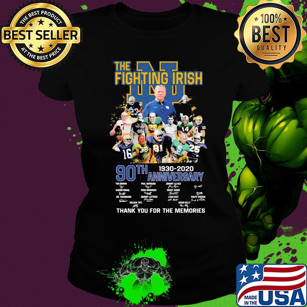The notre dame fighting irish 90th anniversary 1930 2020 thank you for the memories signatures s Ladies tee The notre dame fighting irish 90th anniversary 1930 2020 thank you for the memories signatures s Ladies tee