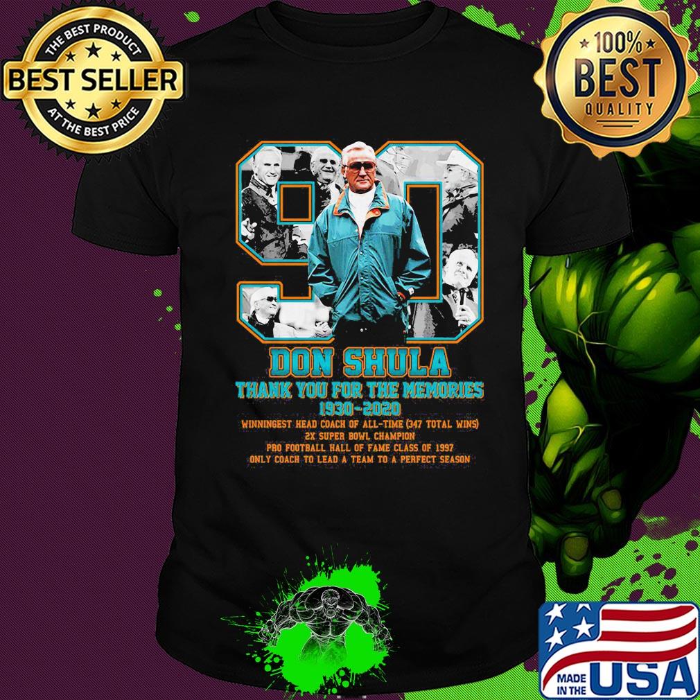 90 don coach shula thank you for the memories 1930-2020 miami dolphins football shirt