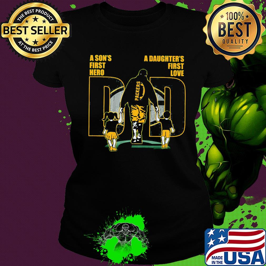 A son's first hero a daughter's first love dad green bay packers happy father's day s Ladies tee A son's first hero a daughter's first love dad green bay packers happy father's day s Ladies tee
