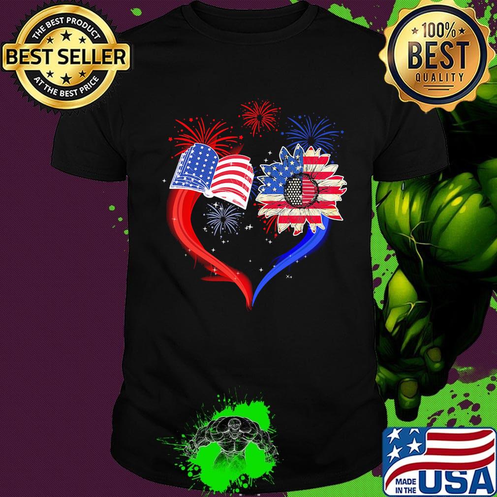 Book Flower Heart American Flag Independence Day Shirt