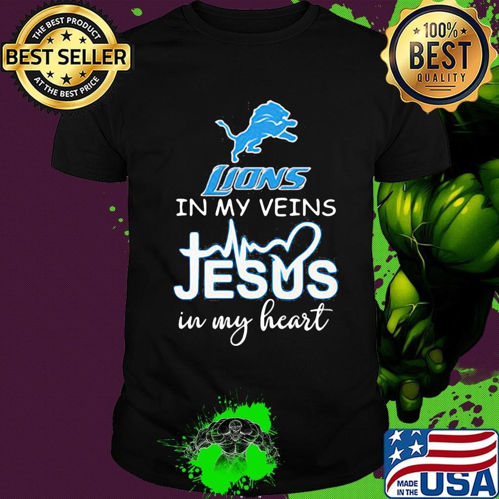 Detroit lions football in my veins jesus in my heart heartbeat shirt