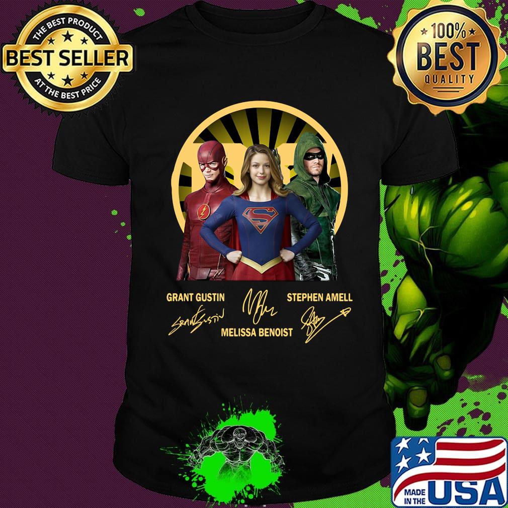 Flash supergirl and arrow grant gustin melissa benoist stephen amell signatures shirt