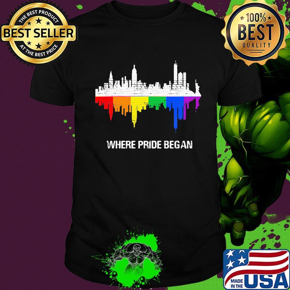 Lgbt where pride begin rainbow flag city shirt