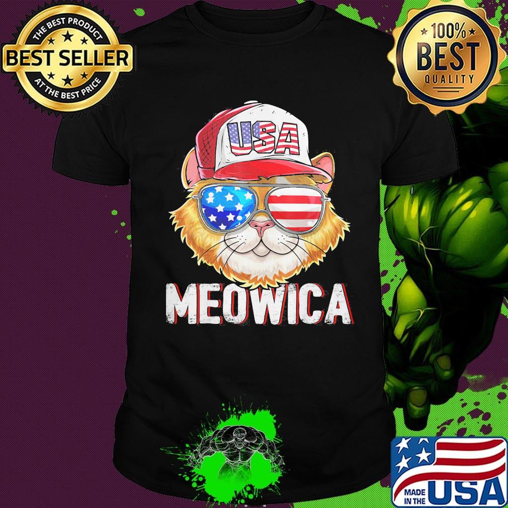 Meowica Cat Hat Sunglasses USA American Flag Independence Day Shirt