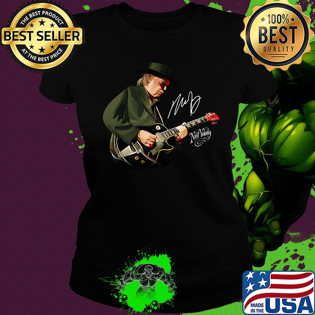 Neil young playing guitar signature art s Ladies tee Neil young playing guitar signature art s Ladies tee