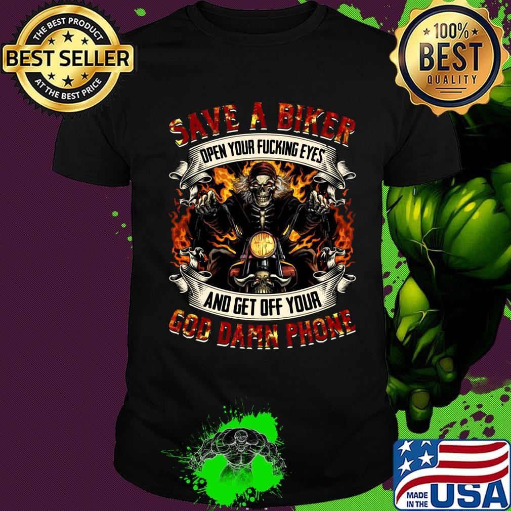 Official Save A Biker God Damn Phone Devil Fire Shirt