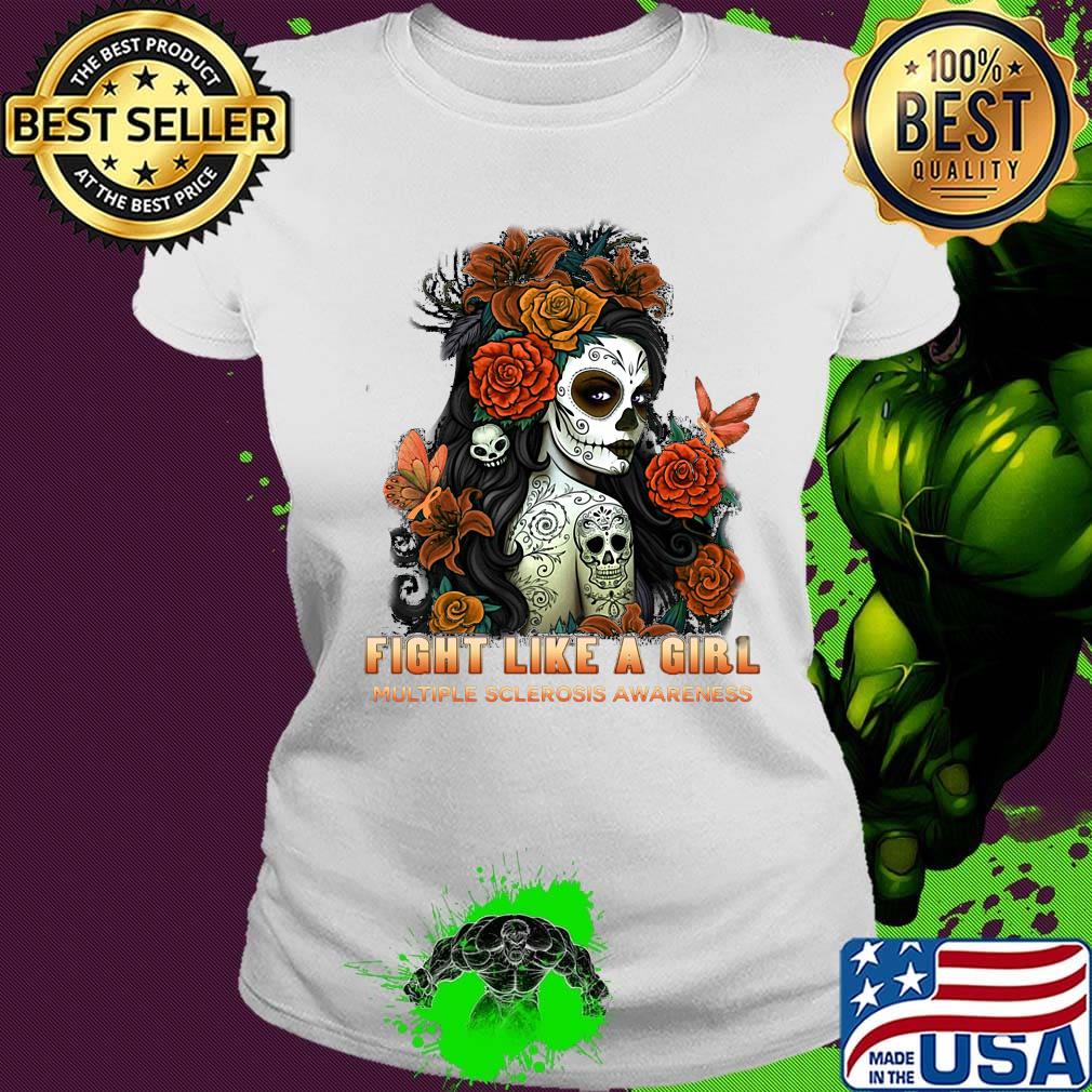Skull fight like a girl multiple sclerosis awareness flowers butterfly s Ladies tee Skull fight like a girl multiple sclerosis awareness flowers butterfly s Ladies tee