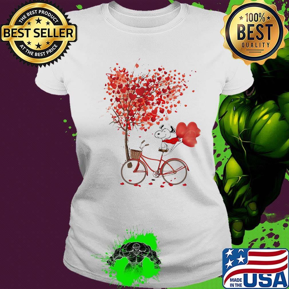 Snoopy riding bicycle heart tree s Ladies tee Snoopy riding bicycle heart tree s Ladies tee