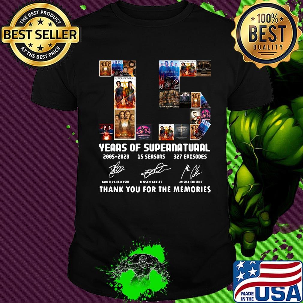 Supernatural 15 years of 2005 2020 15 seasons 327 episodes thank you for the memories signatures shirt