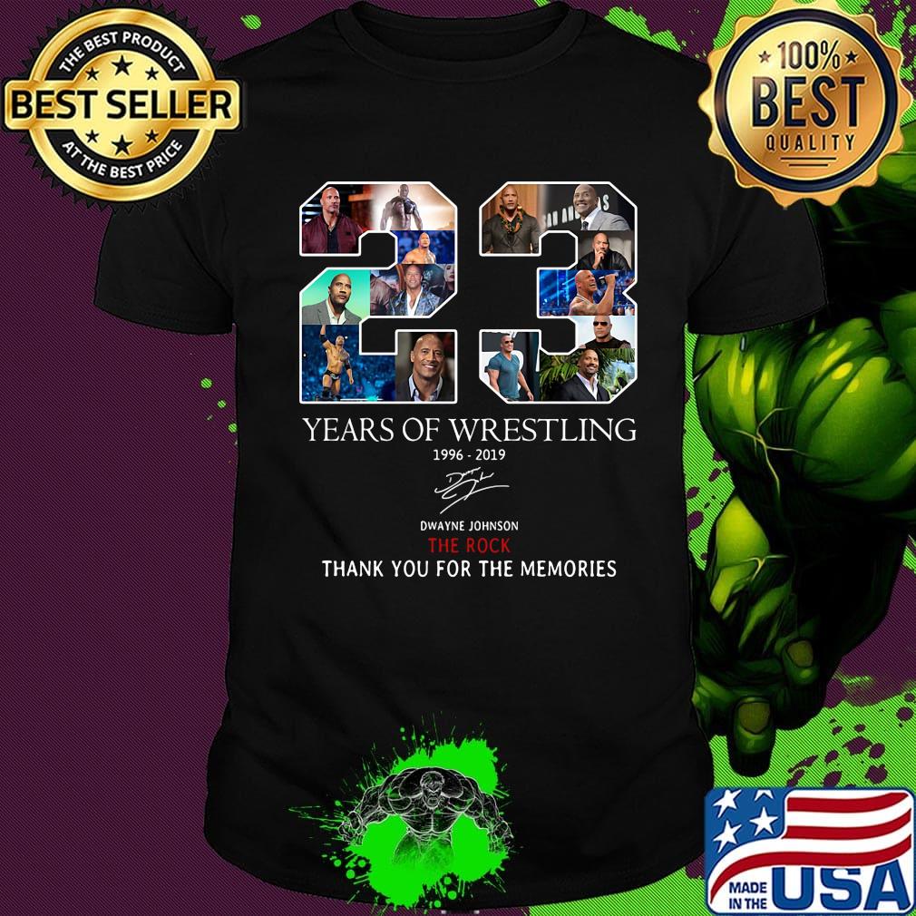 23 years of wrestling 1996 2019 dwayne johnson the rock thank you for the memories signature shirt