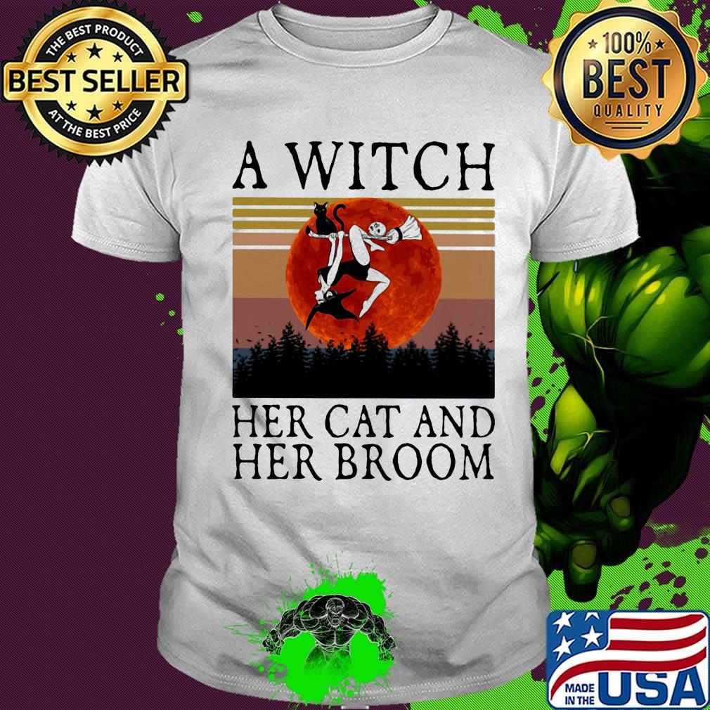 A witch her cat and her broom vintage retro shirt