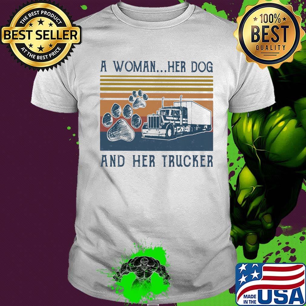 A woman her dog paw and her trucker vintage retro shirt