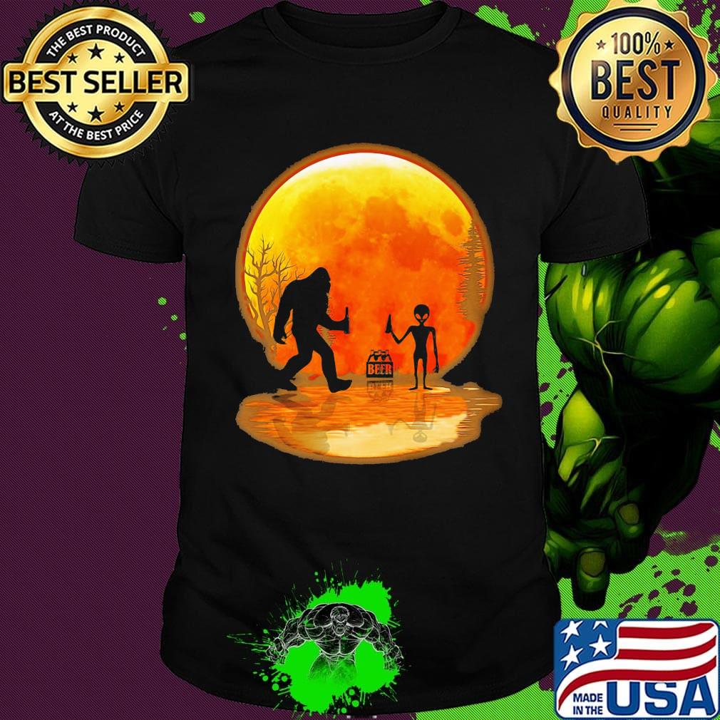 Bigfoot drink beer alien moon blood shirt