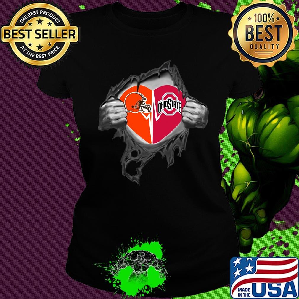 Blood insides cleveland browns and ohio state buckeyes logo heartbeat s Ladies tee Blood insides cleveland browns and ohio state buckeyes logo heartbeat s Ladies tee