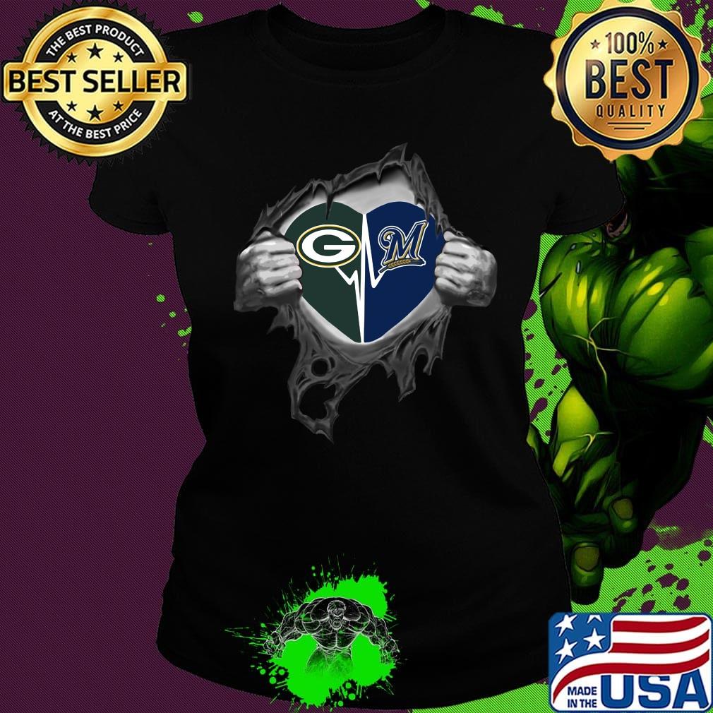 Blood insides green bay packers and milwaukee brewers heartbeat s Ladies tee Blood insides green bay packers and milwaukee brewers heartbeat s Ladies tee
