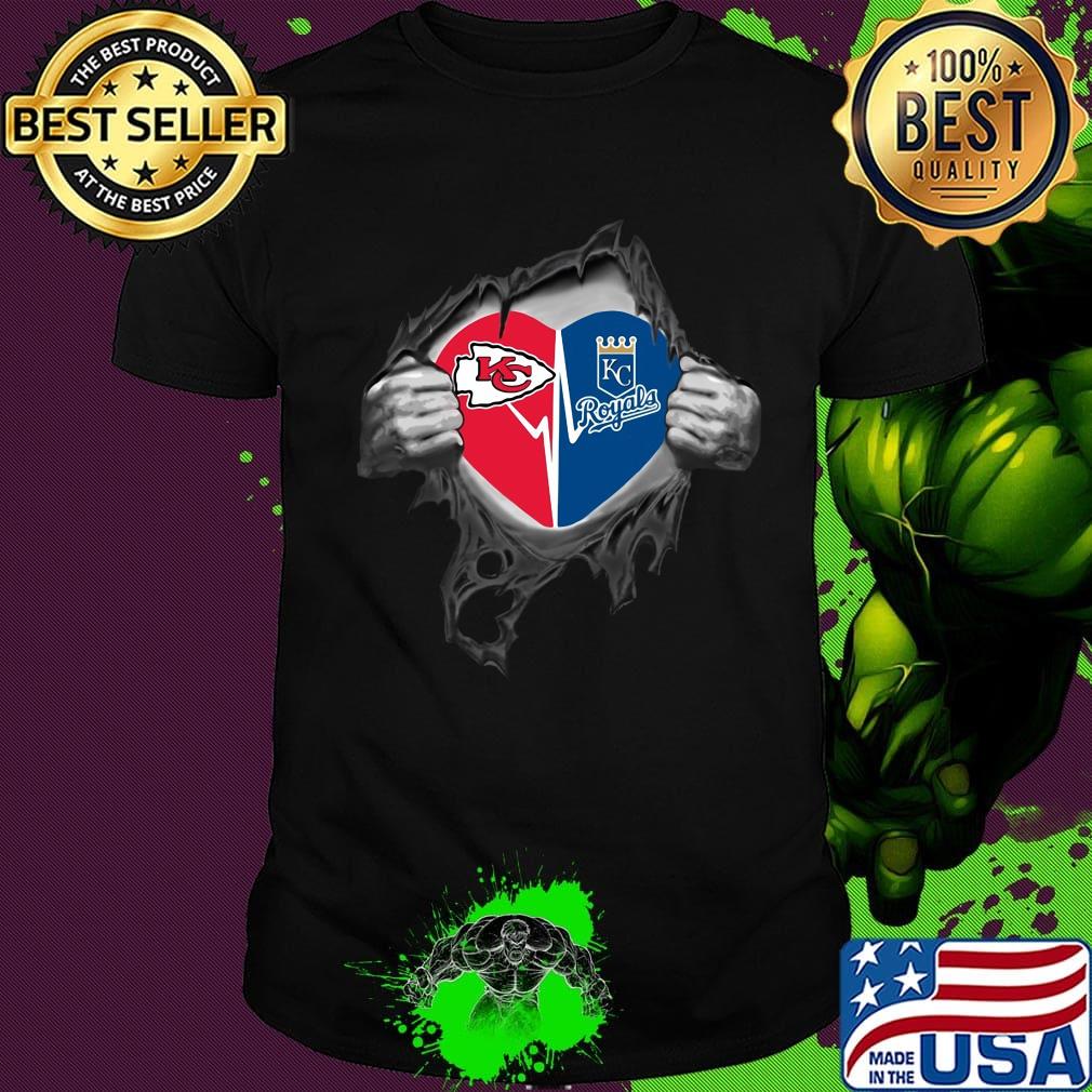 Blood insides kansas city chiefs and kansas city royals heartbeat shirt