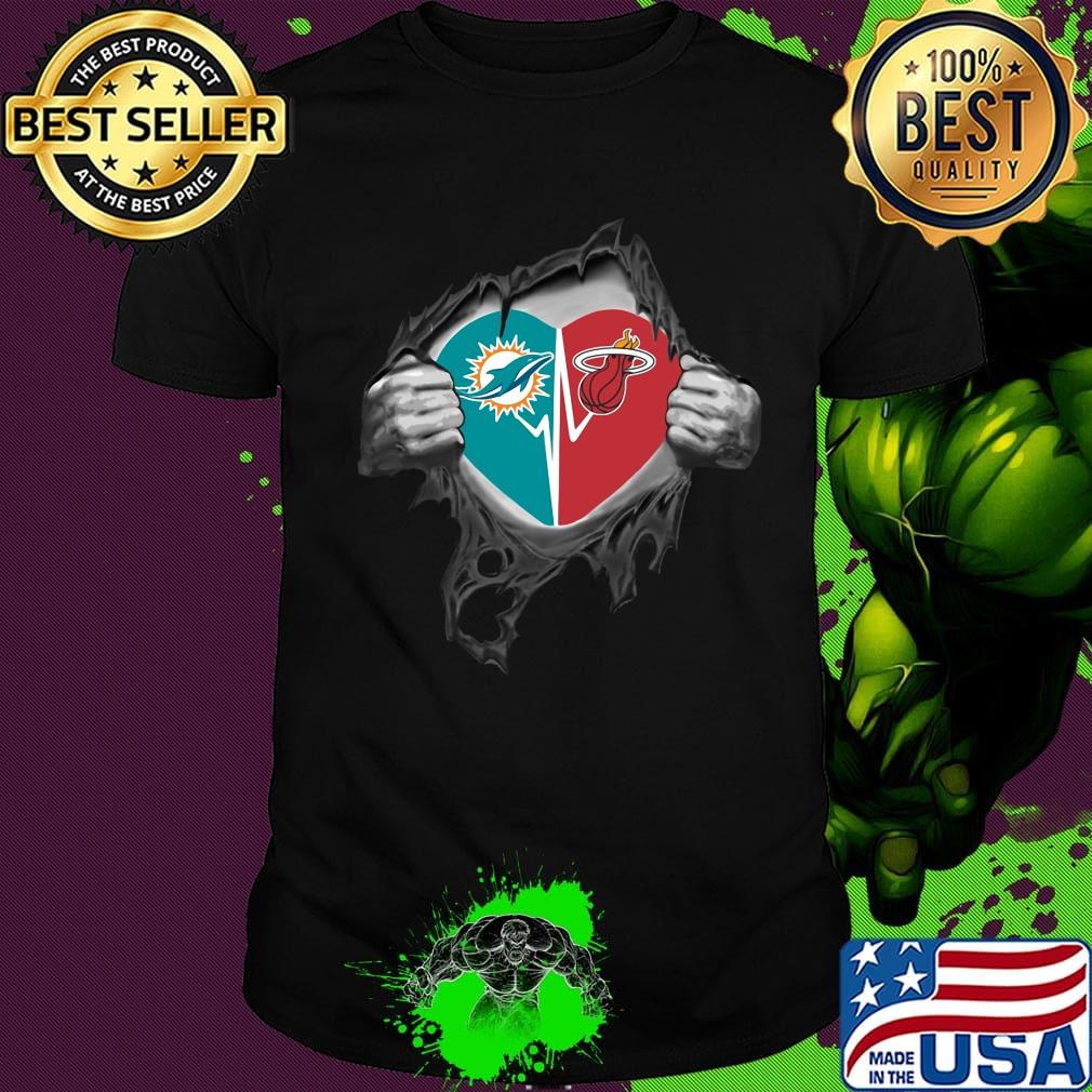 Blood insides miami dolphins and miami heat heartbeat shirt