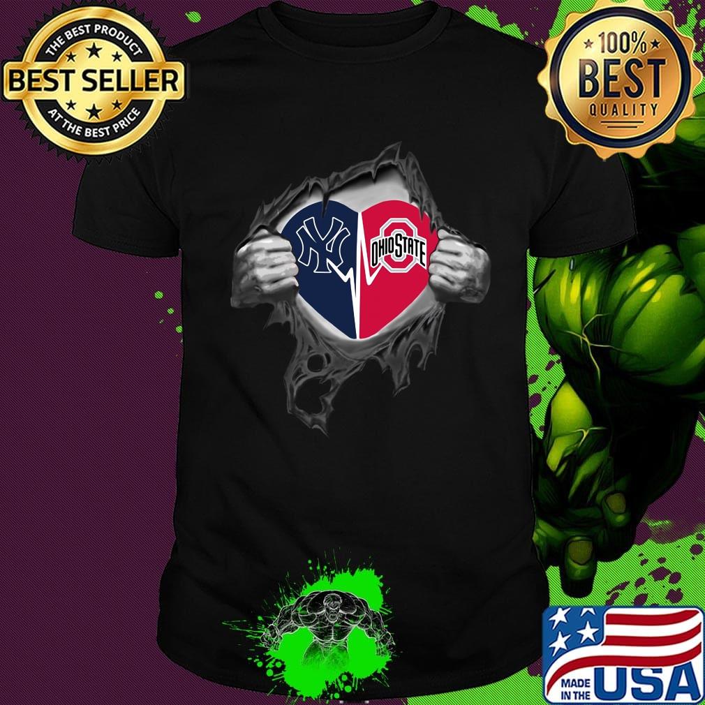 Blood insides new york yankees and ohio state buckeyes heartbeat shirt