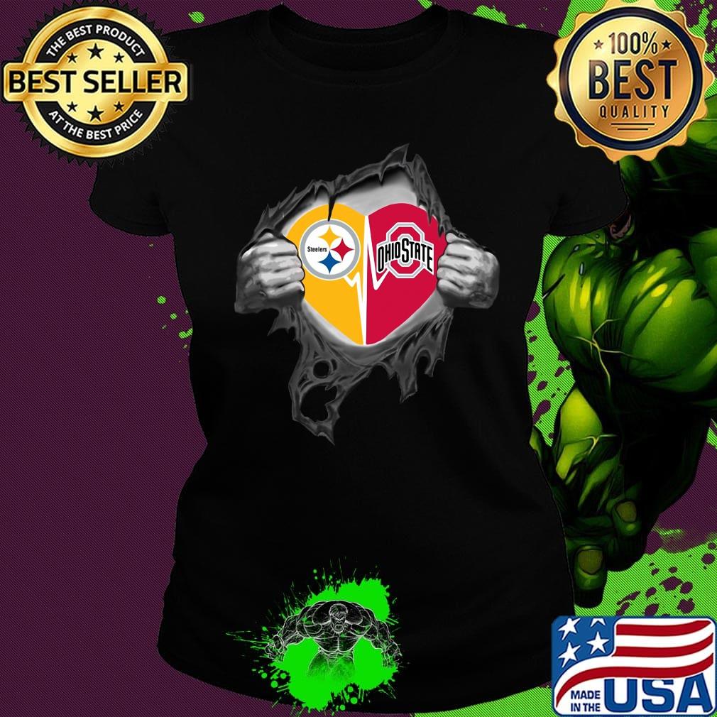 Blood insides pittsburgh steelers and ohio state buckeyes heartbeat s Ladies tee Blood insides pittsburgh steelers and ohio state buckeyes heartbeat s Ladies tee