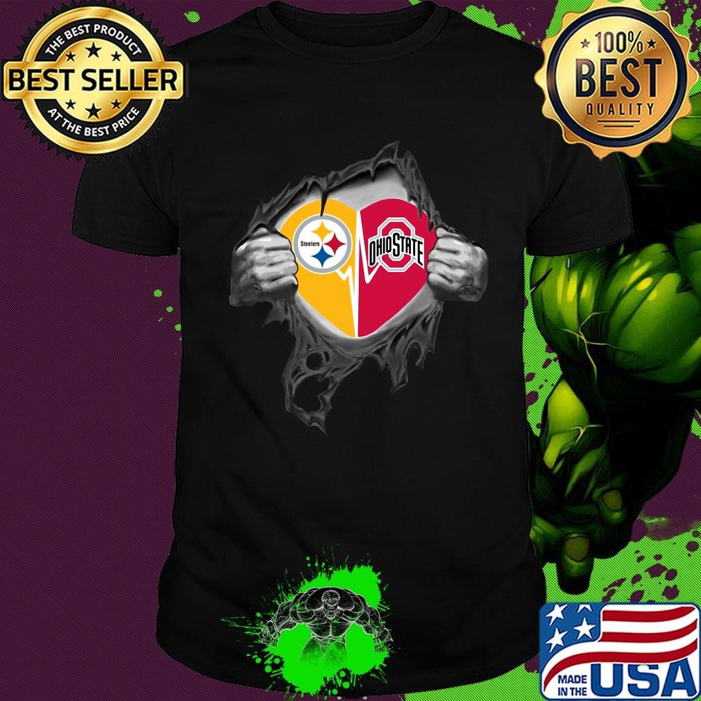 Blood insides pittsburgh steelers and ohio state buckeyes heartbeat shirt