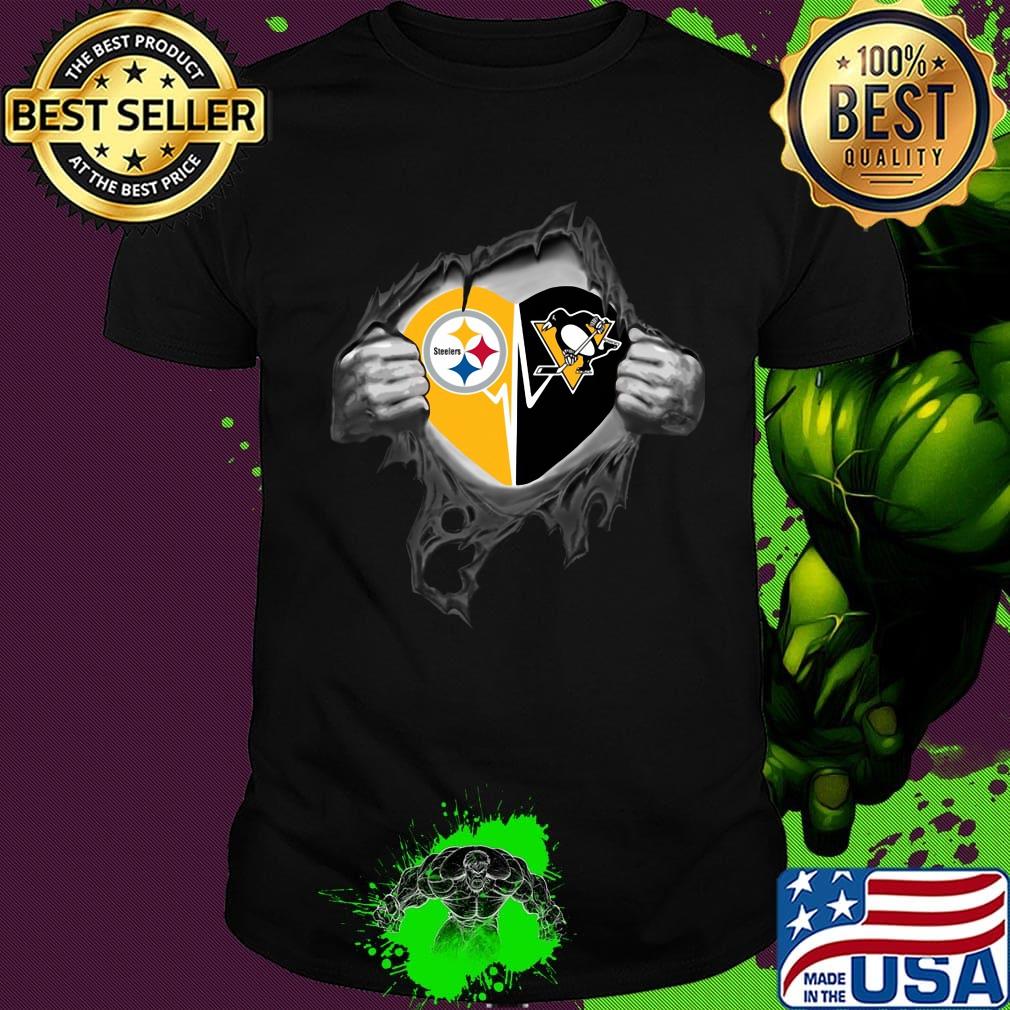 Blood insides pittsburgh steelers and pittsburgh penguins heartbeat shirt