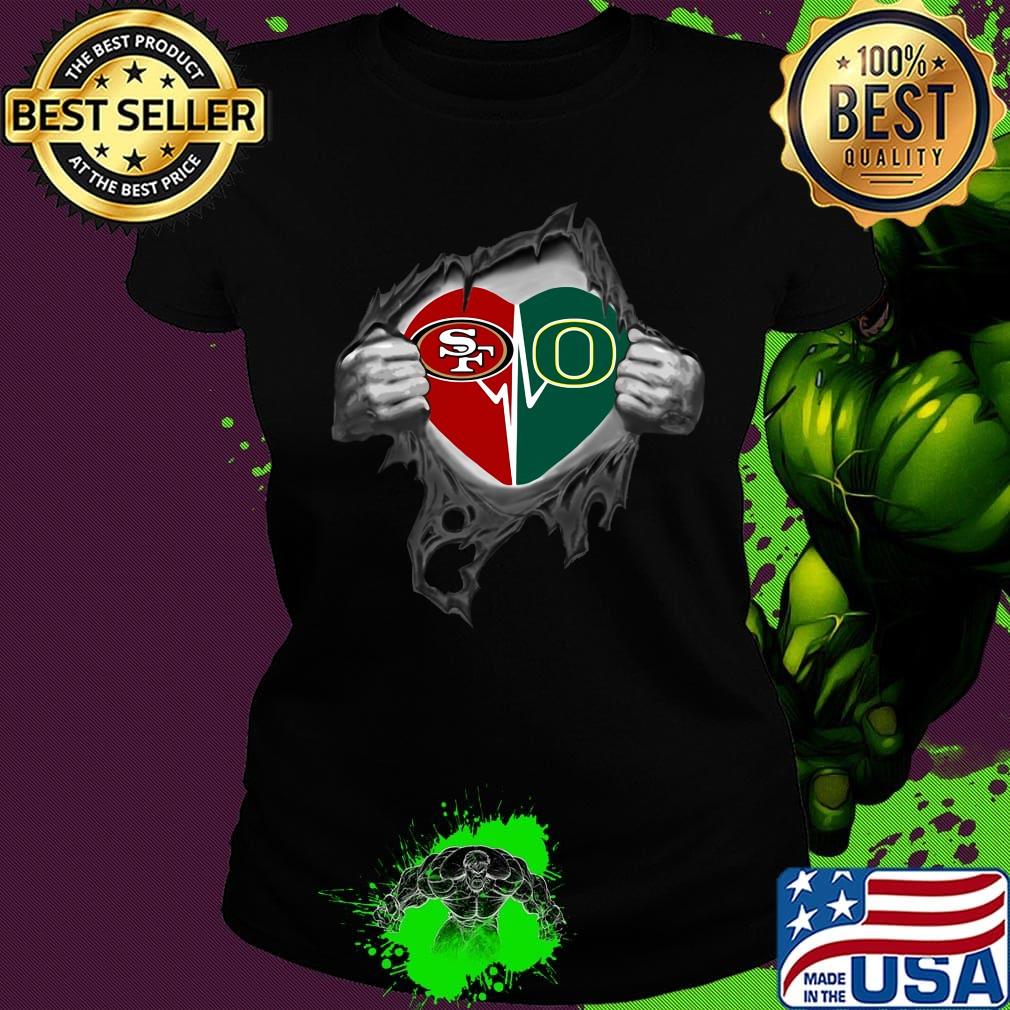 Blood insides san francisco 49ers and oregon ducks heartbeat s Ladies tee Blood insides san francisco 49ers and oregon ducks heartbeat s Ladies tee
