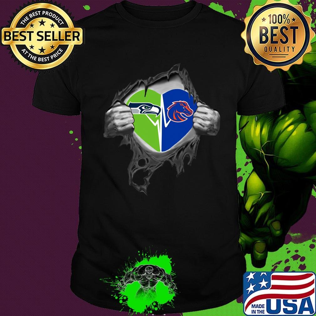 Blood insides seattle seahawks and boise state broncos heartbeat shirt
