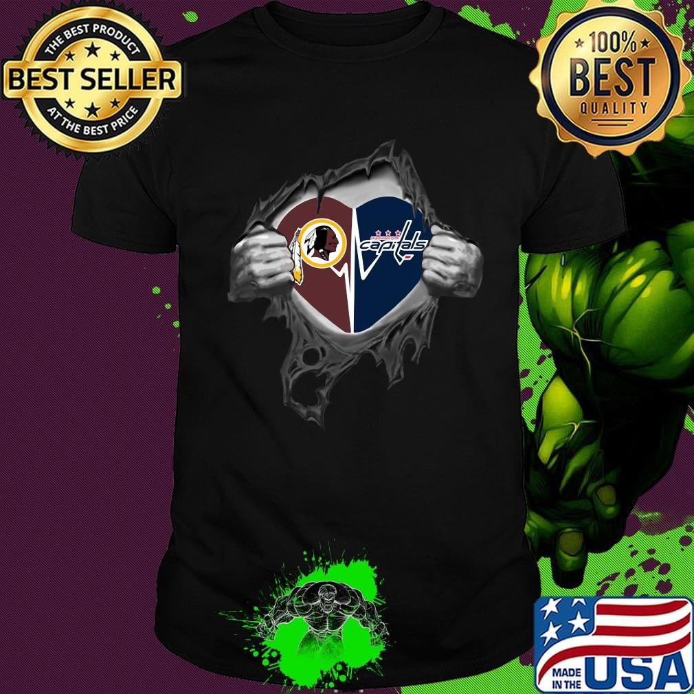 Blood insides washington redskins and washington capitals heartbeat shirt