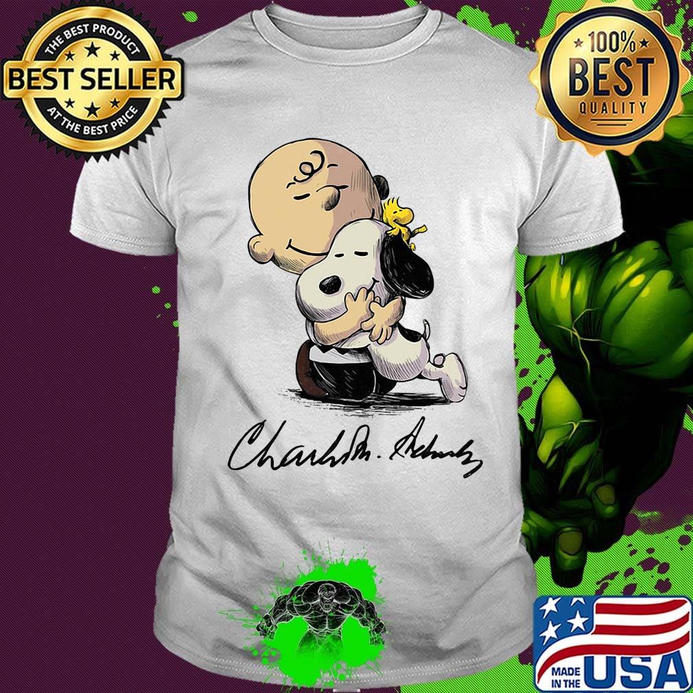 Charlie brown snoopy and woodstock art signatures shirt