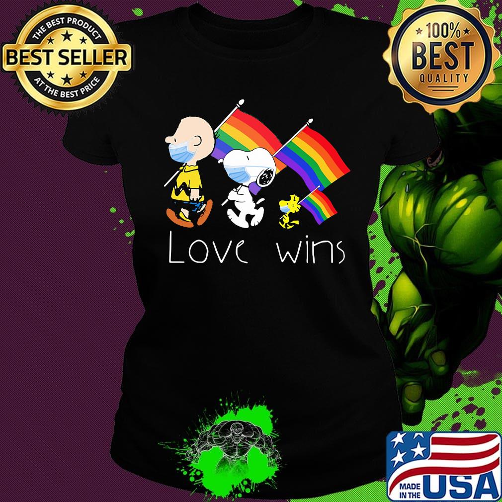 Charlie brown snoopy and woodstock maskholing lgbt flag love wins s Ladies tee Charlie brown snoopy and woodstock maskholing lgbt flag love wins s Ladies tee
