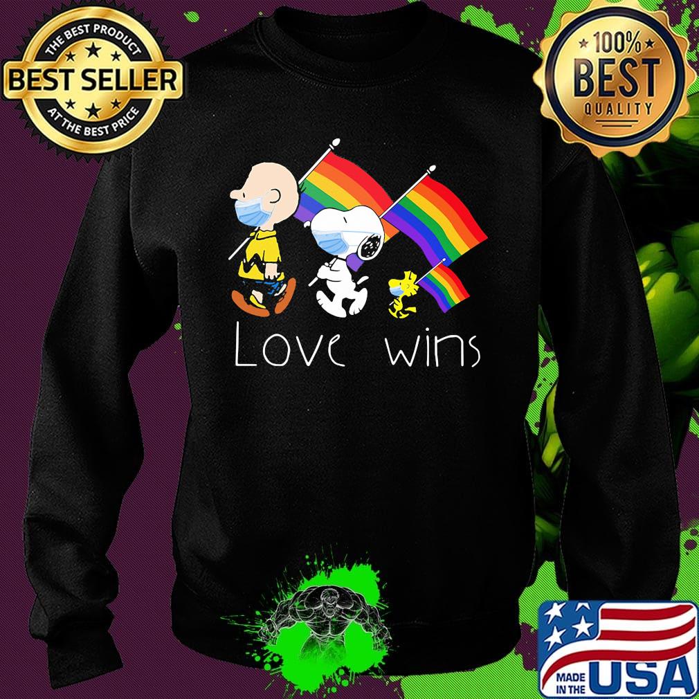 Charlie brown snoopy and woodstock maskholing lgbt flag love wins s Sweater Charlie brown snoopy and woodstock maskholing lgbt flag love wins s Sweater