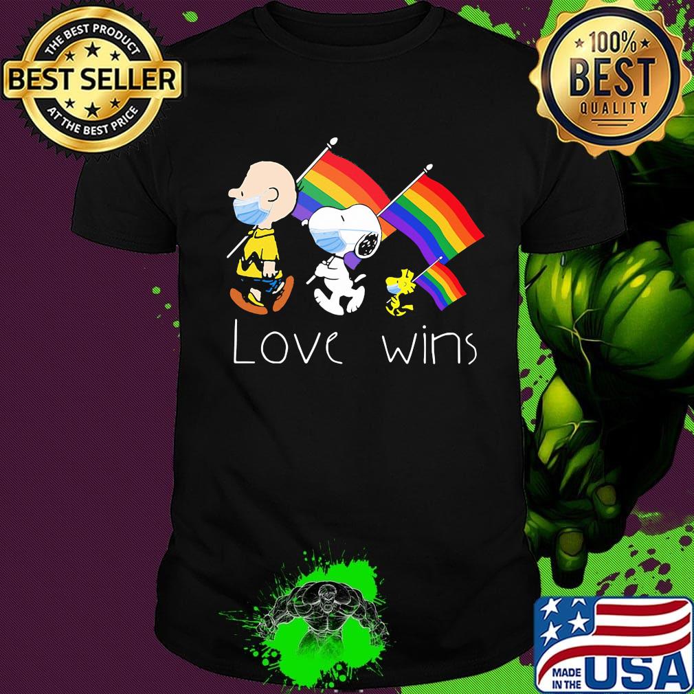 Charlie brown snoopy and woodstock maskholing lgbt flag love wins shirt