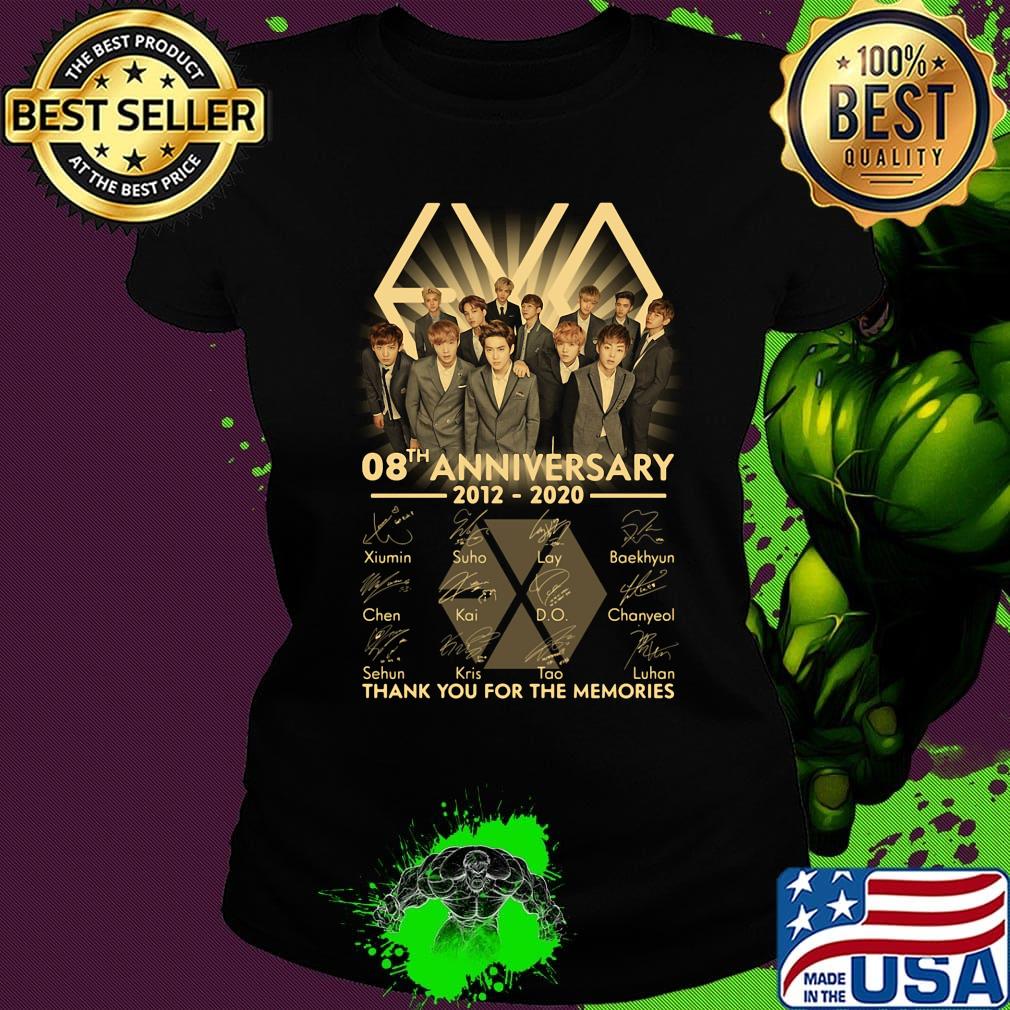 Exo band 08th anniversary 2012 2020 thank you for the memories signatures s Ladies tee Exo band 08th anniversary 2012 2020 thank you for the memories signatures s Ladies tee