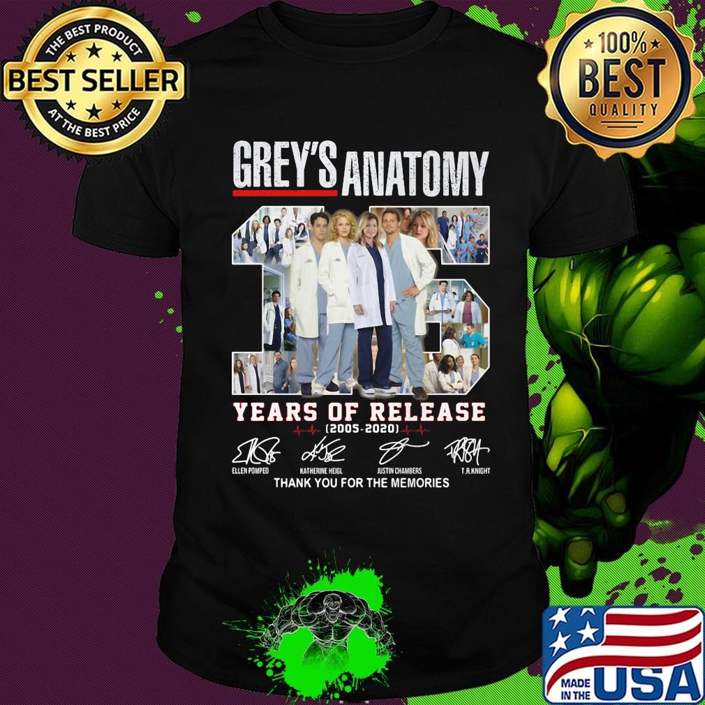 Grey's anatomy 15 years of release 2005 2020 thank you for the memories signatures shirt